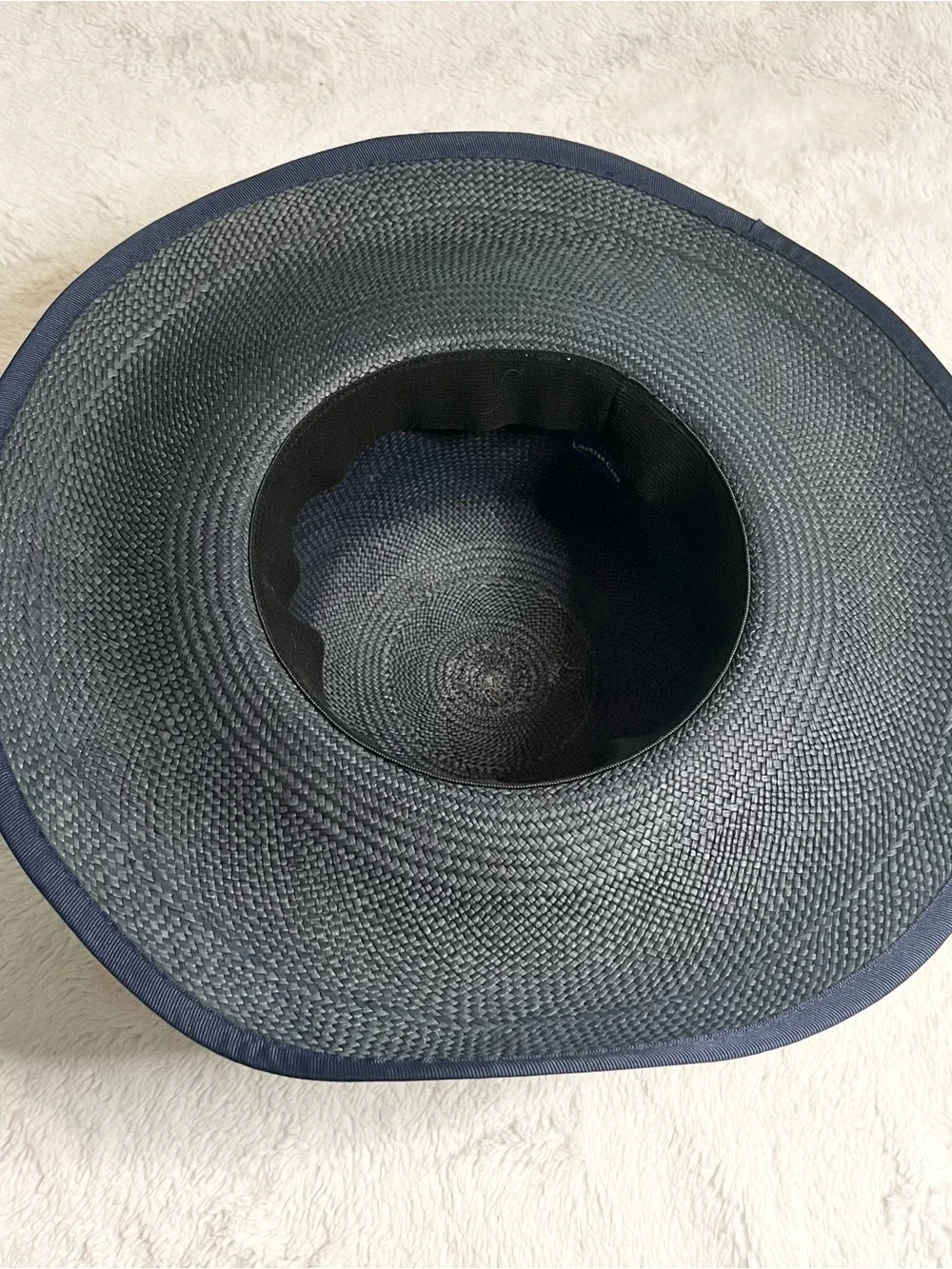 Vintage Charter Club Yellow Straw Sun Hat with Navy Blue Edge and Under Side